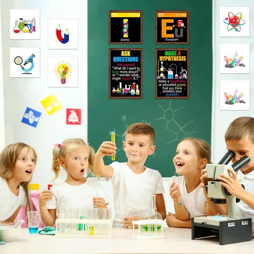 Vista 7 de Zonon Juego de 27 tablones de anuncios de ciencia, carteles laminados de científicos, decoración de aula, pancartas, decoración de pared