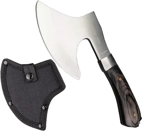 Vista 3 de Hacha de camping con funda de nailon, cabeza de lobo grabada Tomahawk de acero inoxidable con agarre de madera de espiga completa, hacha de camping