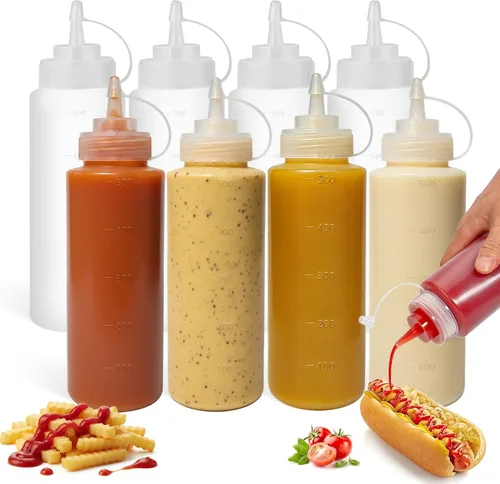 Vista 9 de OAMCEG Botellas exprimibles de 8 onzas, paquete de 6 botellas de condimentos de plástico duradero, botella para chorro con medidas discretas