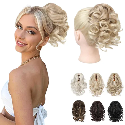 Vista 25 de REECHO Extensión de cola de caballo, 23 cm de largo, rizada, ondulada, pinza de clip para colas de caballo, extensiones de cabello HP001 para Negro