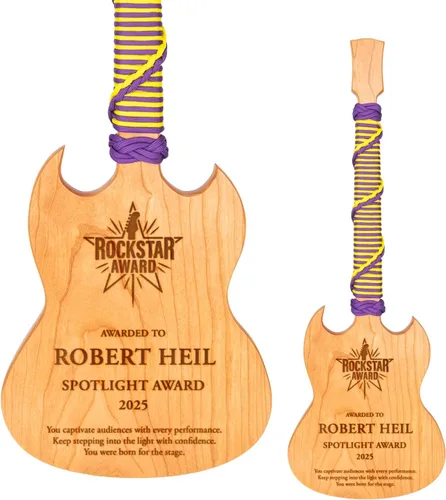 Vista 13 de Premio personalizado de guitarra Cherrywood, placa grabada personalizada con mango de paracaídas azul, 23 x 8 pulgadas Regalo para músicos