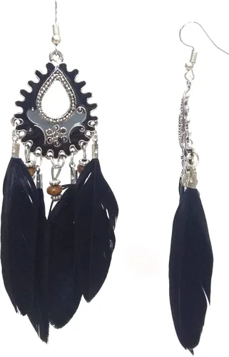 Vista 2 de DESI HAWKER - Pendientes de plata oxidados para Bali Jhumki Jhumka joyería Bollywood caída gancho de imitación plumas NI-96