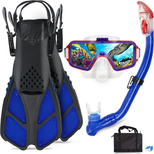 Vista 14 de Juego de esnórquel para niños – Aletas ajustables + máscara de esnórquel panorámica + tubo de esnórquel seco + bolsas de viaje – Adecuado para niños