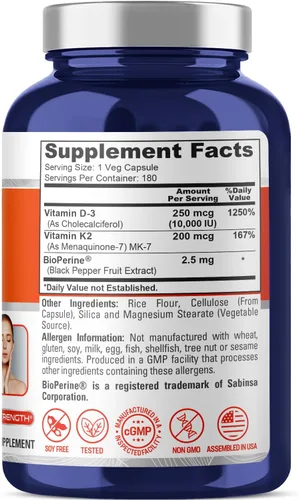 Vista 2 de NusaPure Vitamina D3 y K-2, sin OMG, 250 mg, 180 cápsulas vegetales - 180 porciones Dietary Supplement Formula, Vitamin D3 & K-2, Suitable for