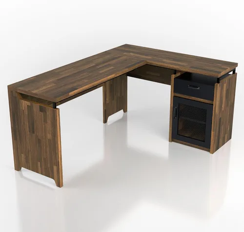 Vista 8 de 24/7 Shop at Home Deandre Farmhouse - Escritorio de computadora de madera en forma de L con 1 cajón con estante ajustable, puerta de gabinete