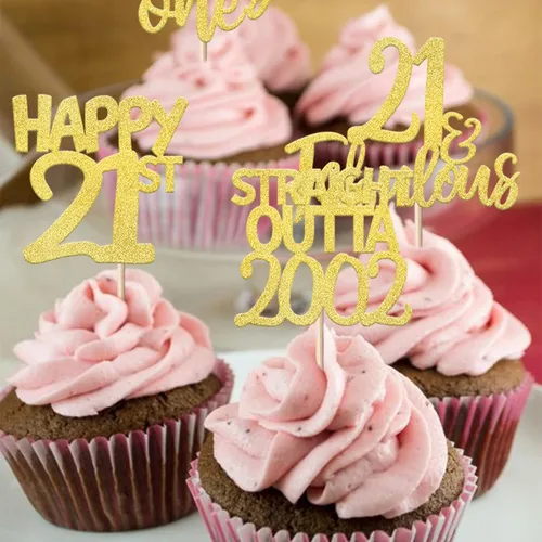 Vista 4 de Paquete de 24 adornos para cupcakes con purpurina de 21 años de 2002, decoraciones para pasteles de cumpleaños de 21 años, suministros de fiesta