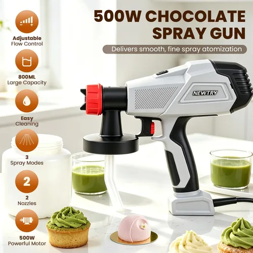 Vista 2 de NEWTRY Pistola pulverizadora de chocolate de 500 W para pasteles, pulverizador de pintura eléctrico de 110 V, kit de rociador de pasteles, 3 modos