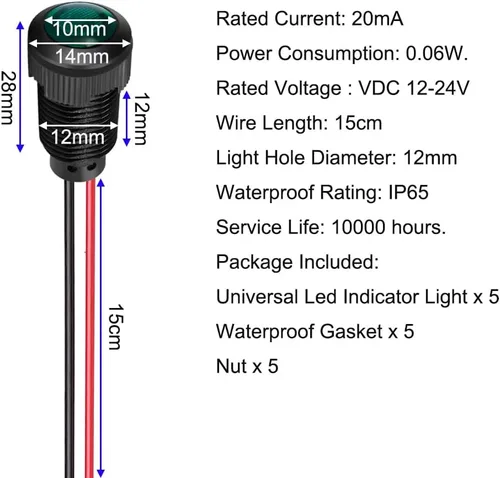 Vista 5 de Gebildet 5 piezas de luz piloto indicadora LED de plástico AC/DC 12-24V, tamaño del orificio de montaje 12 mm (rojo/naranja/azul/verde/blanco)