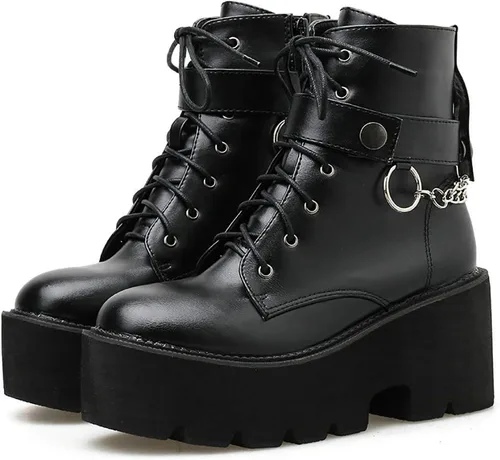 Vista 6 de Parisuit Botines góticos de charol para mujer, con plataforma, tacón alto grueso, con cordones, botas de combate punk, botas cortas