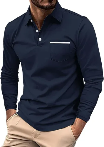 Vista 18 de Polo de manga larga para hombre, diseño casual de algodón con bolsillo, cuello clásico con botón para golf