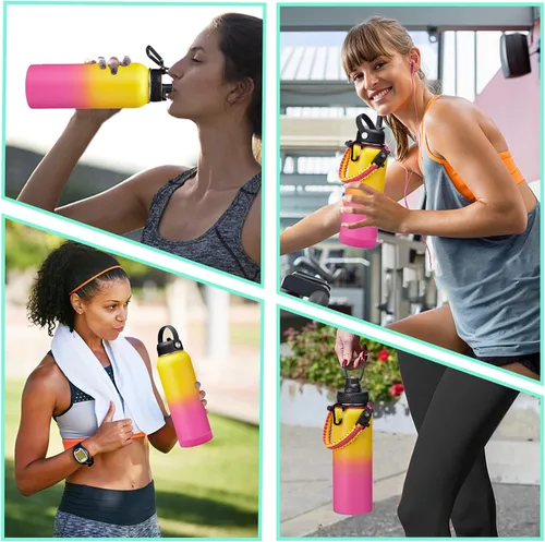Vista 7 de Botella de agua con aislamiento de acero inoxidable de 40 onzas, reutilizable, con tapas de pajilla y boquilla, asa de cuerda de paracaídas, funda