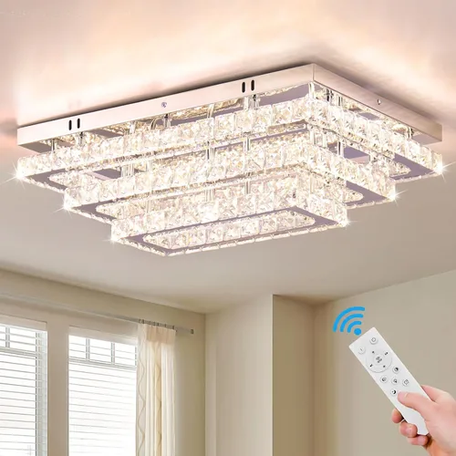 Vista 10 de Finktonglan Accesorio de Lámpara de Techo LED de Cristal Cuadrada Moderna, Candelabro de Cristal Regulable de 15" Luces de Techo de 3 Niveles
