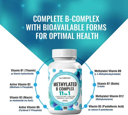 Vista 4 de NutraPep Vitaminas del complejo B metilado – Complejo multivitamínico completo de metilo B con bioactivo B9 5-MTHF B6 B12 – Suplemento de apoyo