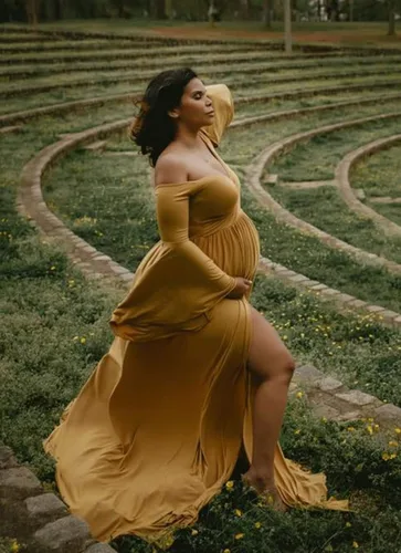 Vista 4 de ZIUMUDY Vestido de maternidad con hombros descubiertos y mangas acampanadas, maxi vestido de fotografía para baby shower
