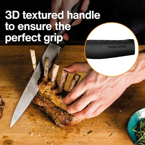 Vista 5 de Fiskars Cuchillo de tallar de 8.5 pulgadas de borde duro, hoja de acero inoxidable japonesa que se mantiene afilada para el uso diario, mango
