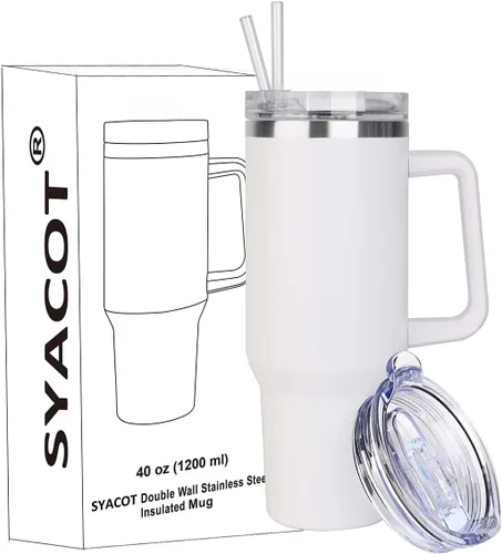 Vista 8 de SYACOT Vaso de 40 onzas con asa y pajita, vaso aislado de acero inoxidable, tapa a prueba de fugas y tapa con pajilla, taza de café de viaje