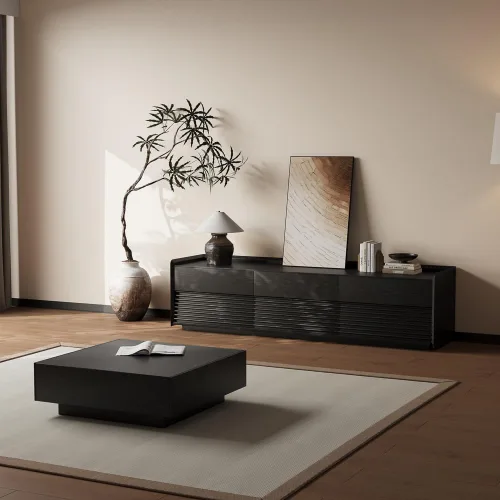 Vista 6 de POVISON Soporte de TV moderno de mediados de siglo totalmente ensamblado con luces LED ajustables, consola multimedia de madera, centro