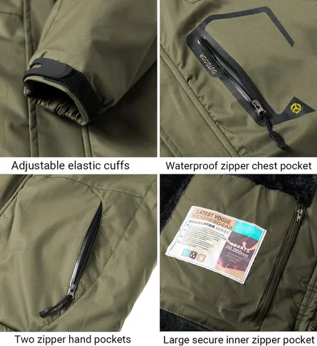 Vista 6 de Chaqueta de esquí para hombre, de invierno, con forro polar cálido, impermeable, cortavientos, con capucha, para montaña, senderismo, nieve y lluvia