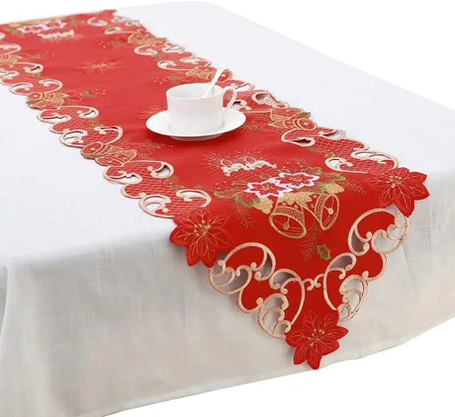 Vista 2 de Grelucgo - Tapete de mesa navideño con bordado de campanas, velas y flores de pascua
