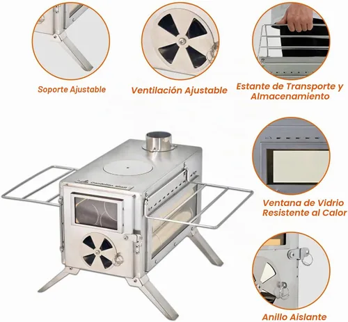 Vista 3 de Estufa de leña portátil Dandelion shell para acampar con vidrio de visualización y función de cocción, 8 chimeneas de acero inoxidable para refugio