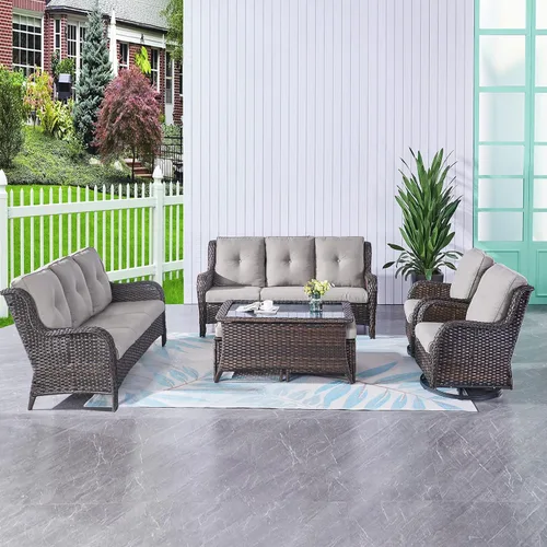 Vista 125 de HUMMUH Juego de 2 Sillas Giratorias Mecedoras de Mimbre para Patio Exterior, Juego de Muebles de Sillas Mecedoras de Ratán (Marrón, Azul) 50,000