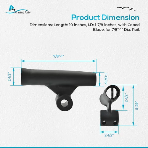 Vista 5 de MARINE CITY Adjustable Fishing Rod Holders, Black Aluminum, Durable & Corrosion-Resistant, Fits 7/8"-1" Rails, 10" Length, with White Vinyl Inserts