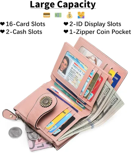 Vista 2 de SENDEFN Carteras pequeñas para mujer, con bloqueo RFID, de cuero, plegable, tarjetero con ventana de identificación, 1-Rosa