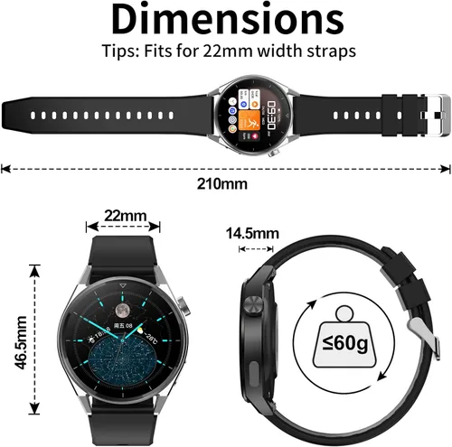 Vista 5 de KAVVO Cyber RH1 - Reloj inteligente, compatible con iOS y Android, pantalla TFT de 1.39, impermeable IP68, monitor de frecuencia cardíaca y presión
