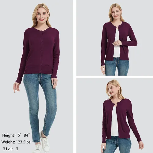 Vista 3 de Women's Crew Neck Button Down Long Sleeve Cardigan Sweater
