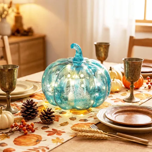 Vista 7 de Fall Decorations for Home,Mercury Glass Pumpkin Lights with Timer(Blue)