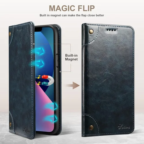 Vista 3 de SINIANL Funda compatible con iPhone 15, funda de piel azul con soporte magnético, soporte para tarjetas de crédito, funda tipo cartera