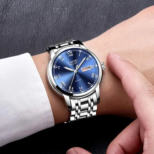 Vista 4 de LIGE Relojes para hombre, casual, de cuero, analógico, de cuarzo, para hombre, negro, Fahison, reloj de pulsera para hombre, reloj deportivo