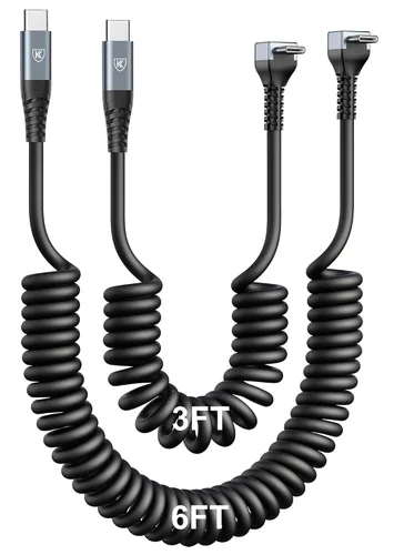 Vista 17 de Cable USB A a USB C de 90 grados, paquete de 2 cables USB tipo C en espiral de 3 pies para automóvil, cable de carga rápida USB-C compatible