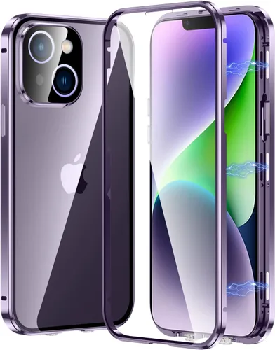 Vista 12 de Funda magnética transparente para iPhone 14 de vidrio con protector de lente de cámara, protector de pantalla integrado sensible al tacto Negro
