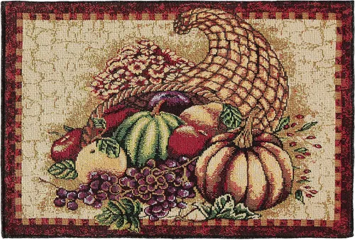 Vista 2 de Colección Fall Harvest - Tapiz Cornucopia con diseño de calabazas y frutas, juego de cuatro manteles individuales de 13 x 19 pulgadas