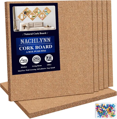 Vista 9 de NACHLYNN Tablón de corcho, paquete de 12 tableros de corcho autoadhesivos de 12 x 12 pulgadas para pared con 100 pasadores de empuje sin marco