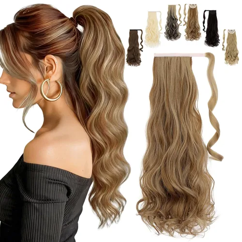Vista 21 de FELENDY Extensión de cola de caballo, extensiones de cabello largo envolvente de 18 pulgadas, extensiones de cabello ondulado y rizado con clip