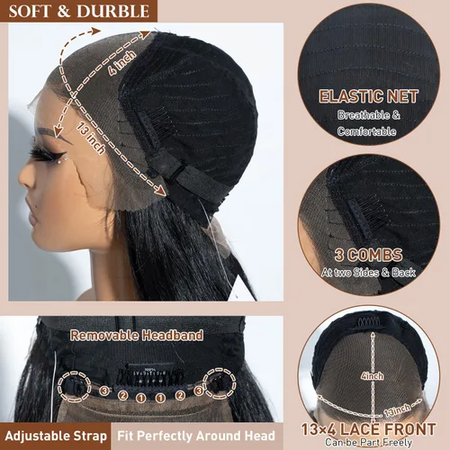 Vista 7 de Pelucas de encaje frontal de 13 x 4 pulgadas de largo, lacio, para mujeres negras, pelucas de encaje frontal con cabello de bebé, línea capilar