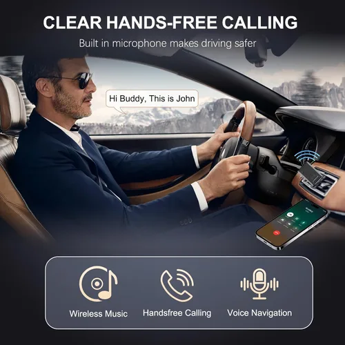 Vista 4 de Adaptador USB Bluetooth 5.4 para automóvil, receptor de música Bluetooth Plug & Play, kit de conector auxiliar de 0.138 in para automóvil, micrófono