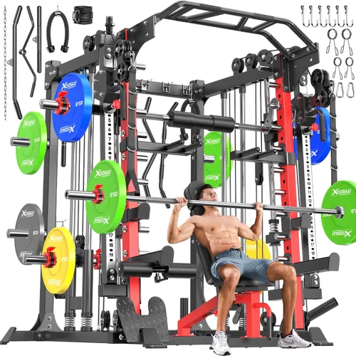 Vista 23 de XGSW Smith Machine Gimnasio en casa, jaula de potencia multifunción con sistema cruzado de cable de polea doble, estante para sentadillas