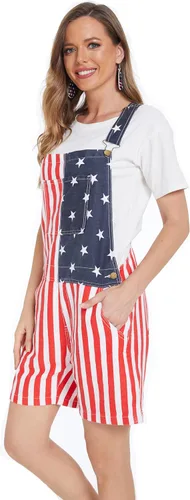 Vista 2 de Yuanbang Overol con diseño de bandera americana pantalones cortos de mezclilla casual entrenamiento verano con correa ajustable para hombres
