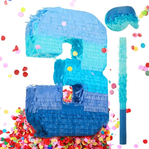 Vista 9 de Sratte Piñata Número 1 2 3 4 5 6 7 8 9 con Palo, Venda para los Ojos, Confeti, Piñata Azul Degradado para Niños y Niñas Fiestas de Cumpleaños