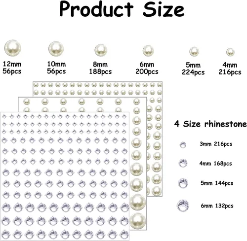 Vista 2 de 1600 piezas de perlas y joyas autoadhesivas para ojos, cuerpo, cara, cabello, gemas y perlas para maquillaje, bricolaje, manualidades, accesorios