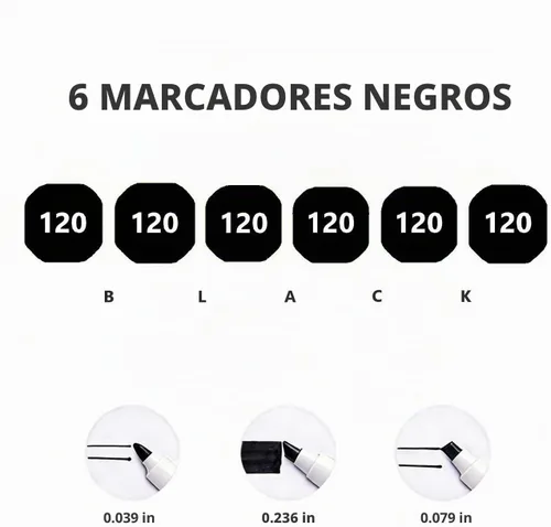 Vista 4 de Arhomet Juego de 6 marcadores de alcohol negro, marcadores artísticos de doble punta para dibujos, doble punta para principiantes, adultos, artistas