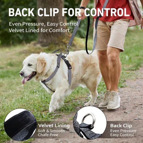 Vista 4 de Galaxy - Arnés reflectante para perro, ajuste ajustable de 4 puntos, hebillas antipellizcos, control de clip trasero y asa de emergencia, forro