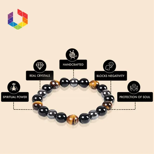 Vista 7 de Bombay - Pulsera de triple protección con cristales de hematita, obsidiana negra, ojo de tigre, pulseras de piedra para hombres, mujeres y parejas