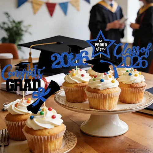 Vista 7 de 48 adornos para cupcakes graduados, 6 estilos de decoración para tartas de graduación, decoraciones de graduación de felicitaciones 2026, tapa negra