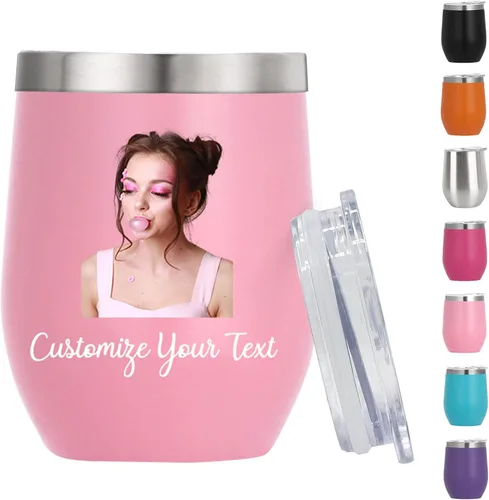 Vista 10 de Vasos de vino personalizados con nombres y fotos con tapa para mujeres, juego de vasos de vino aislados personalizados de acero inoxidable, regalos