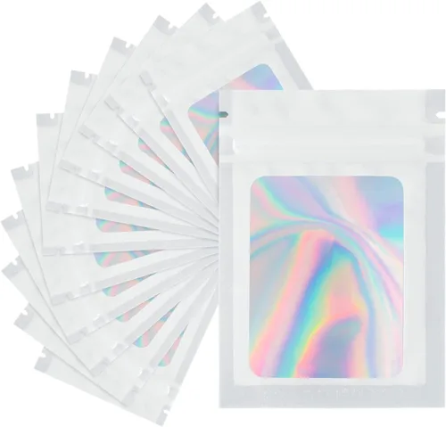 Vista 10 de joycraft 100 bolsas holográficas de tereftalato de polietileno, bolsas resellables a prueba de olores, bolsa para joyería, bolsa de papel