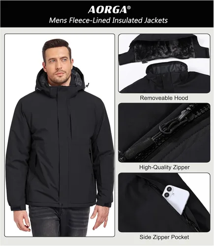 Vista 6 de Chaquetas de esquí para hombre, impermeables, chaquetas de nieve con forro de vellón, aisladas, parka pesada con capucha